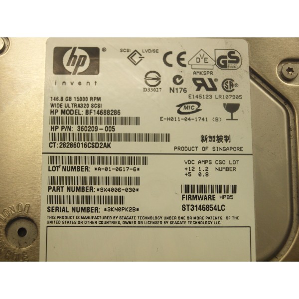 Hard Drive HP 347779-001 SCSI 3.5" 146 Gigas 15 Krpm