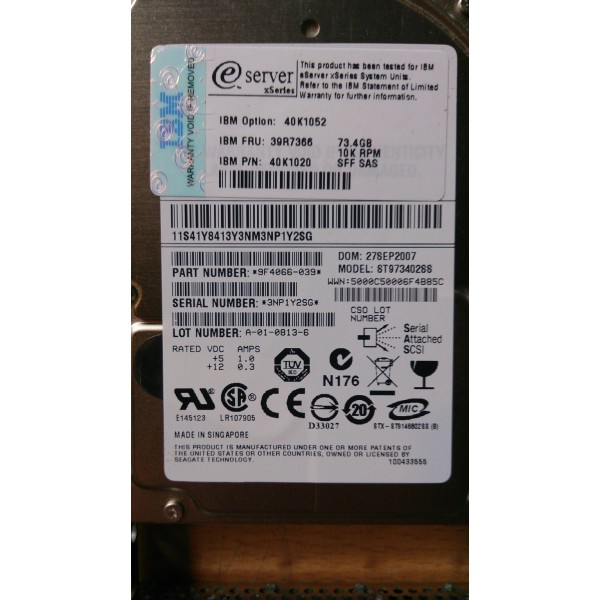 Hard Drive IBM 40K1052 SAS 2.5" 72 Gigas 10 Krpm