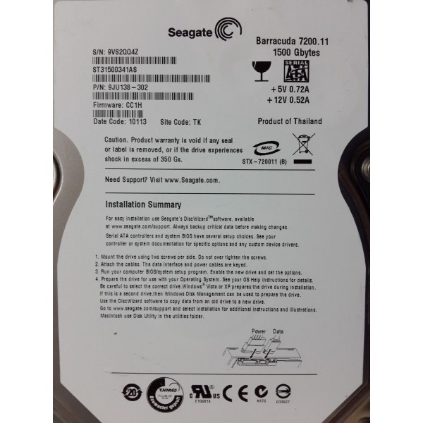 Disque dur SEAGATE ST31500341AS SATA 3.5" 1500 Gigas 7200 Rpm