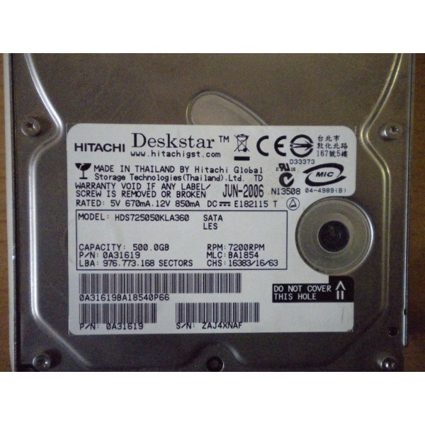 Disque Dur  Hitachi SATA 3.5 7200rpm 500 Gb 0A31619