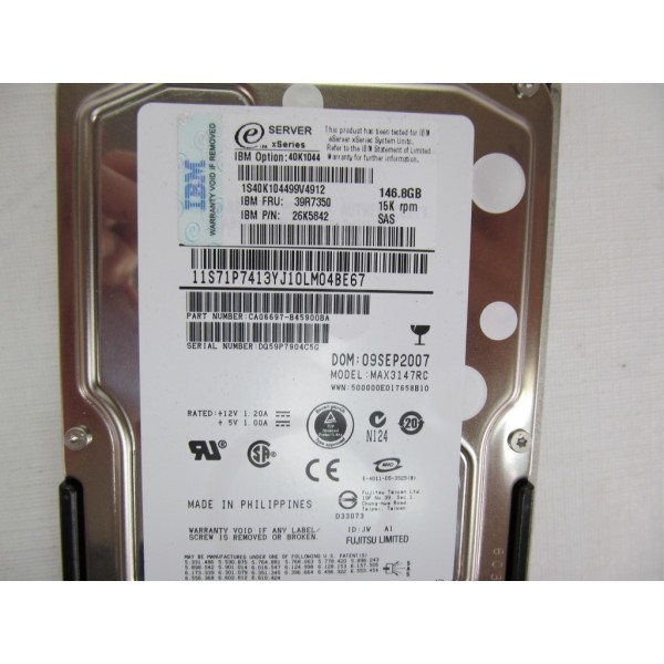 Disque Dur IBM 39R7350 SAS 3.5" 15Krpm 146 Gigas