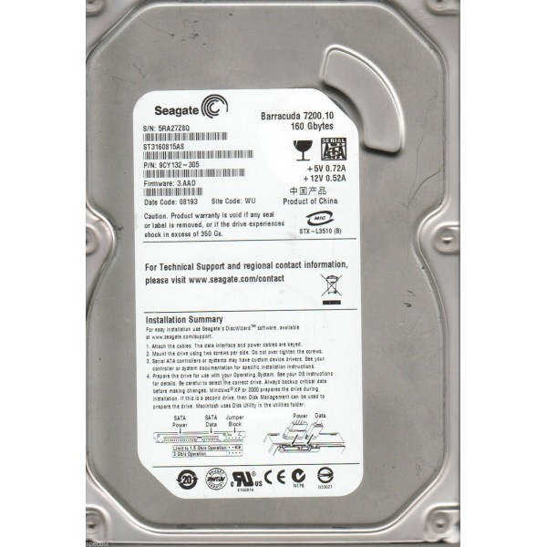 Disque Dur SEAGATE ST3160815AS Sata2 3.5" 7200rpm 160 Gigas