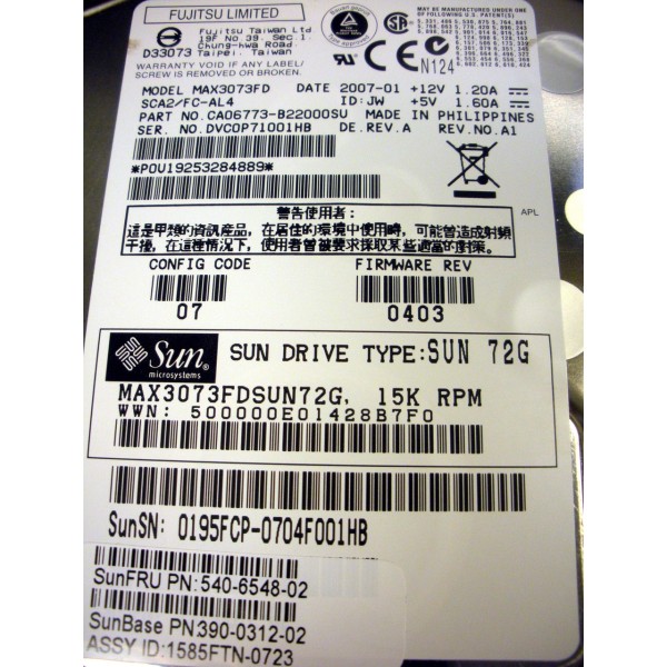 Disque Dur SUN Fibre Channel 3.5 15 Krpm 146 Gb 540-6548