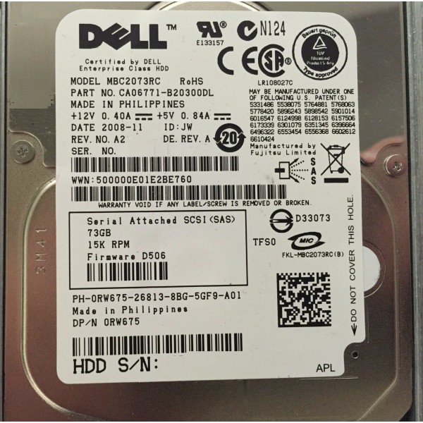 Hard Disk DELL 0RW675 SAS 2.5" 72 Gigas 15 Krpm