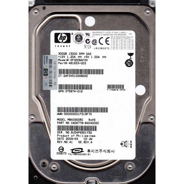 Disque Dur HP SAS 3.5 15 Krpm 300 Gb DF300BAFDV