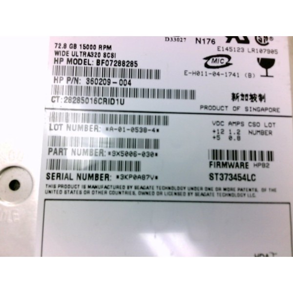 Disque dur HP 360209-004 SCSI 3.5" 72 Gigas 15 Krpm